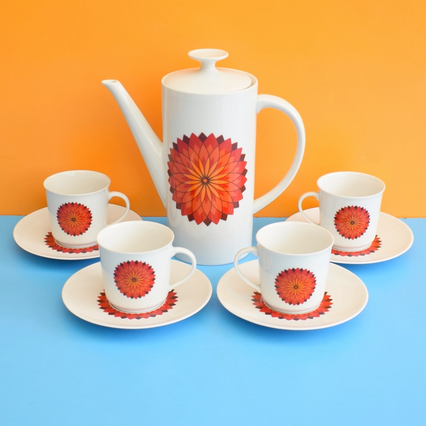 Vintage 1960s Bavarian Bone China Set - Orange Flower Medallion