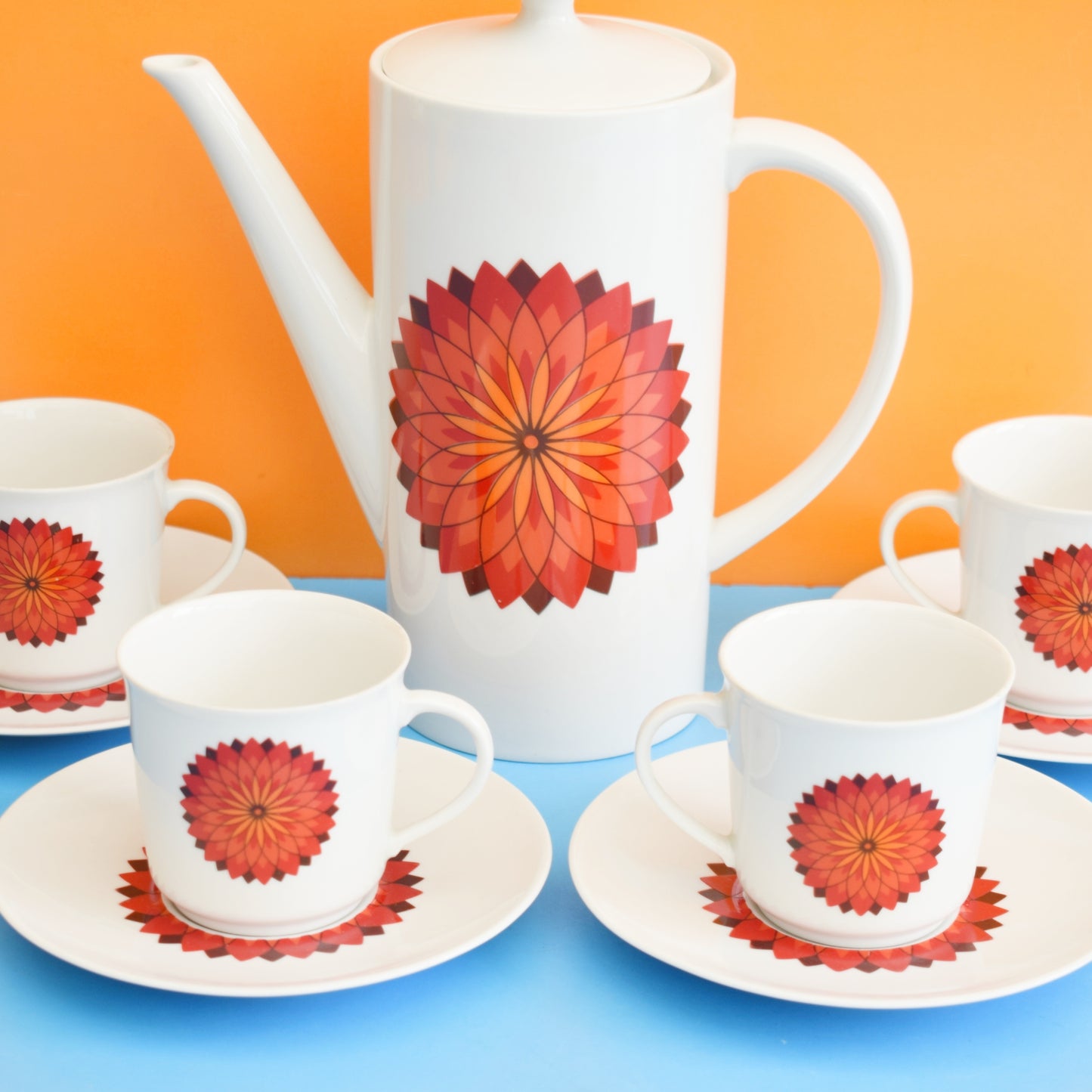 Vintage 1960s Bavarian Bone China Set - Orange Flower Medallion