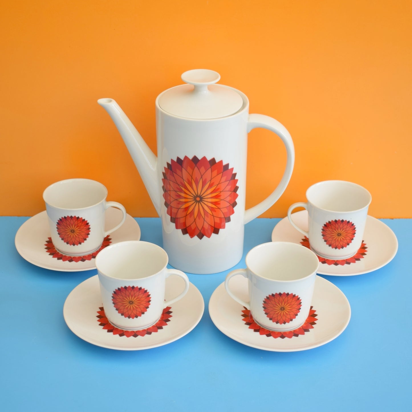 Vintage 1960s Bavarian Bone China Set - Orange Flower Medallion