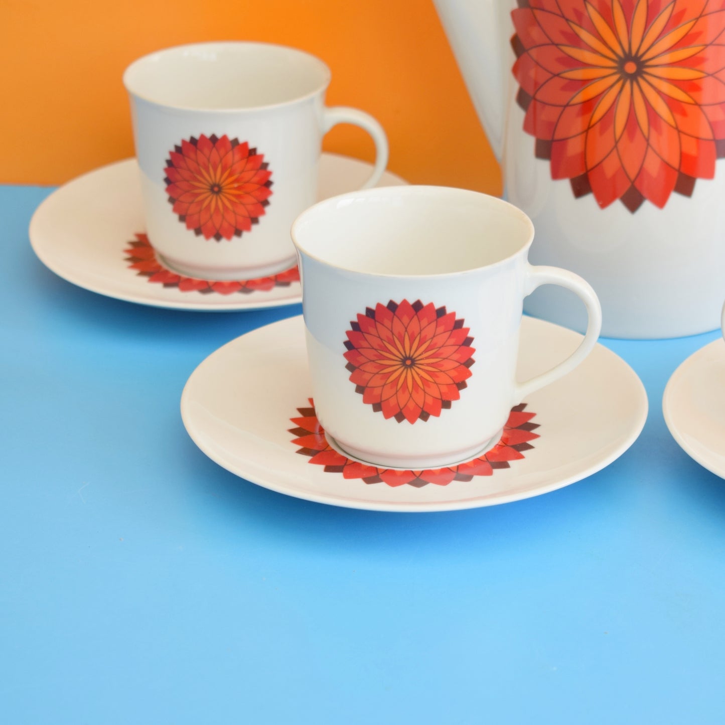 Vintage 1960s Bavarian Bone China Set - Orange Flower Medallion