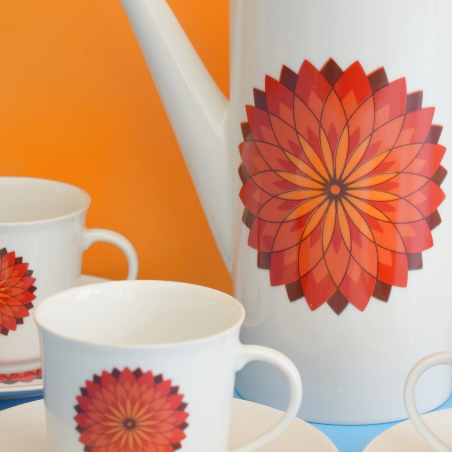 Vintage 1960s Bavarian Bone China Set - Orange Flower Medallion