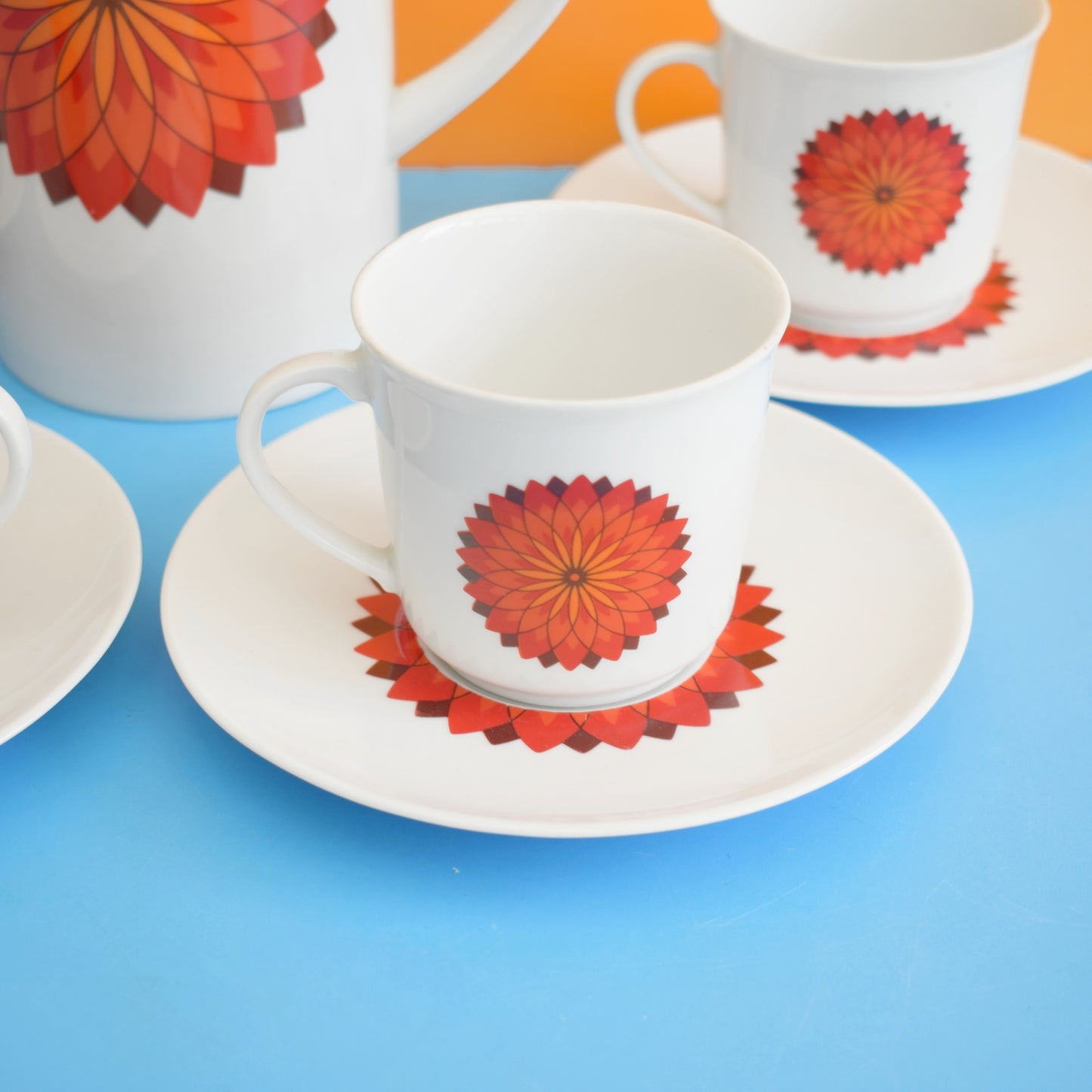 Vintage 1960s Bavarian Bone China Set - Orange Flower Medallion