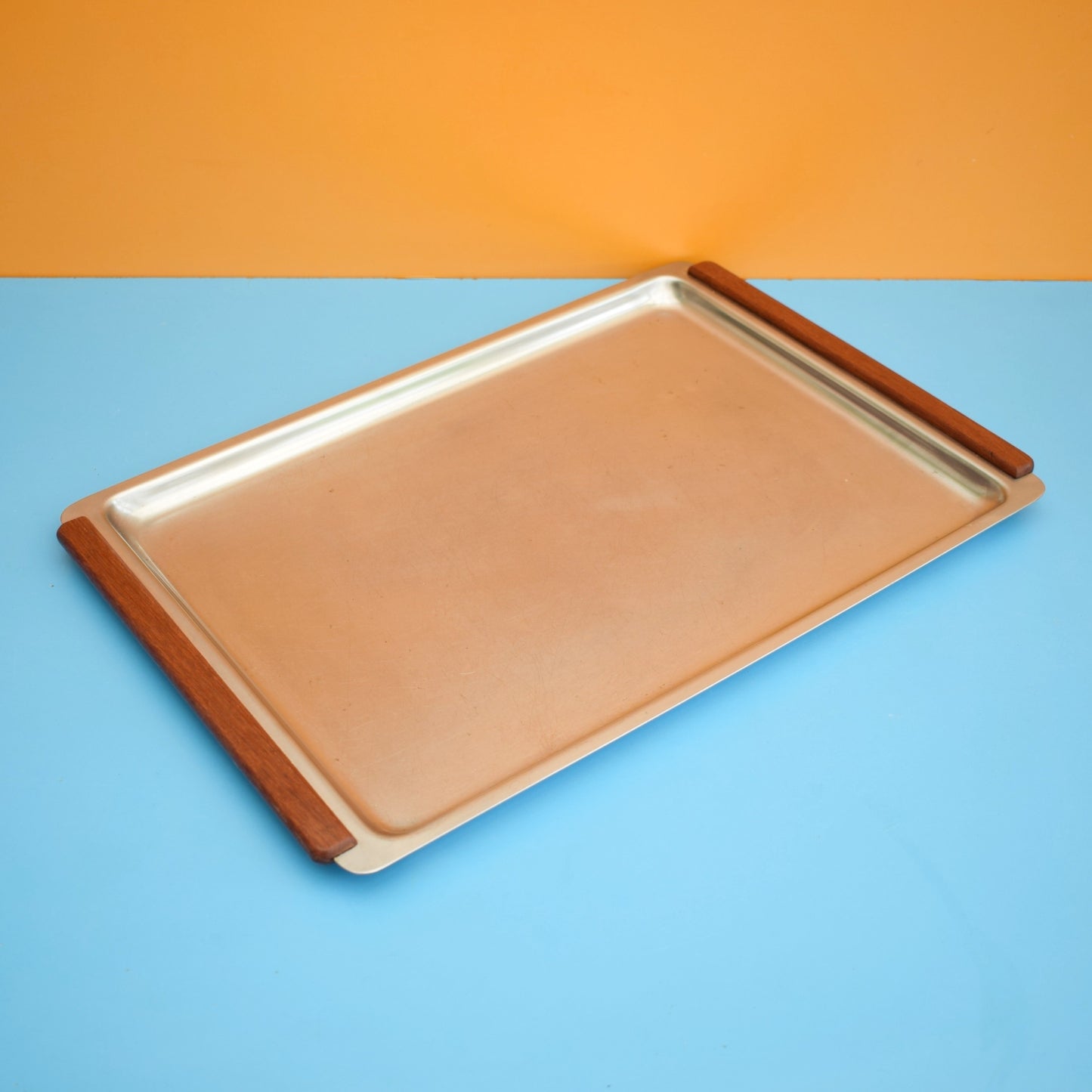 Vintage 1960s Stainless Steel  & Teak Tray - Stylish & Simple