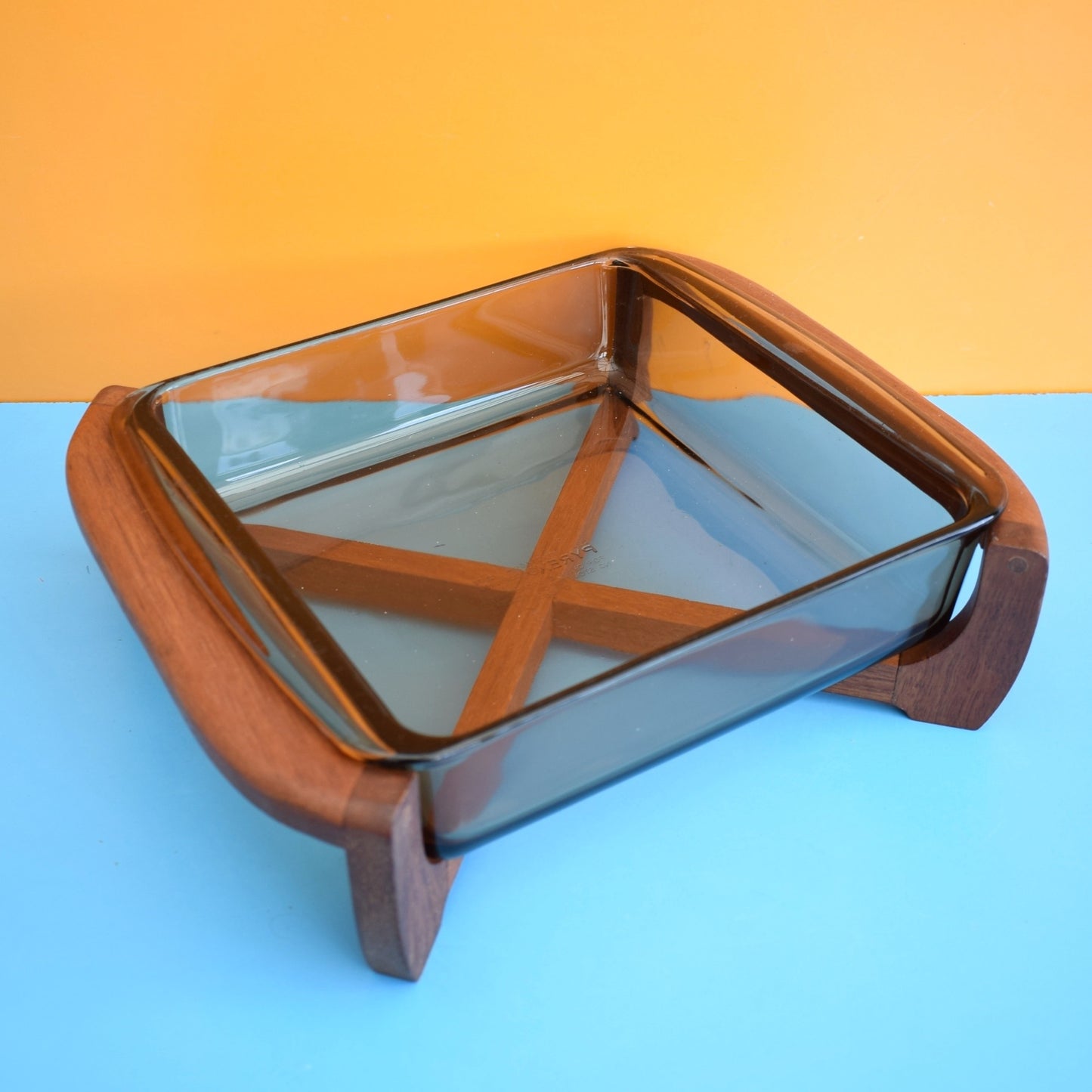 Vintage 1980s Pyrex Smoked Serving Dish & Teak Stand