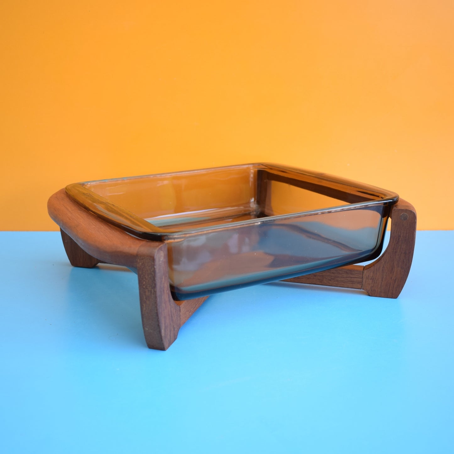 Vintage 1980s Pyrex Smoked Serving Dish & Teak Stand