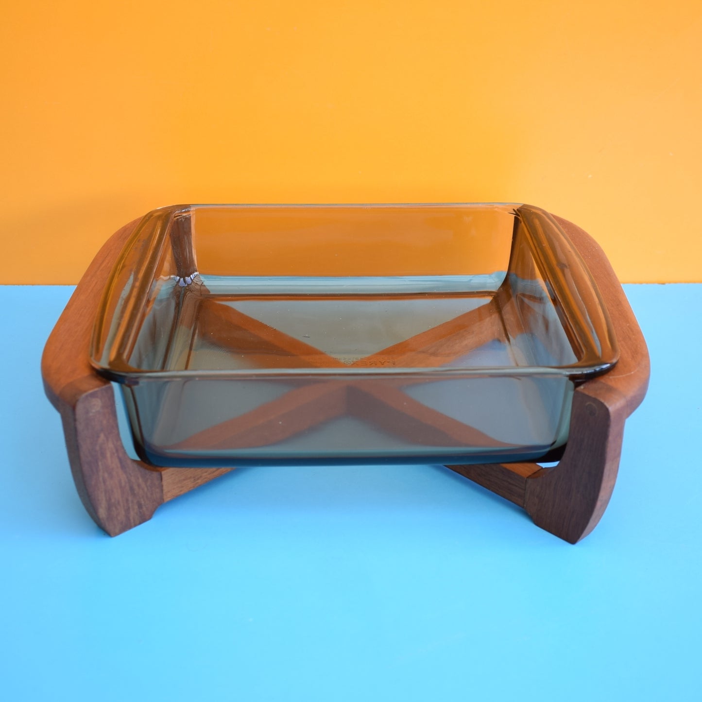 Vintage 1980s Pyrex Smoked Serving Dish & Teak Stand