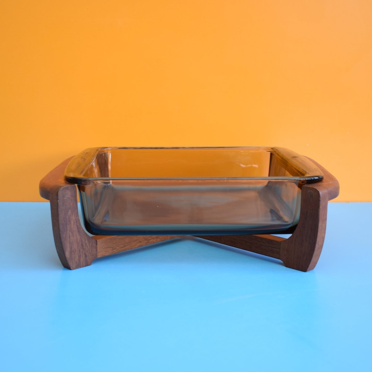 Vintage 1980s Pyrex Smoked Serving Dish & Teak Stand