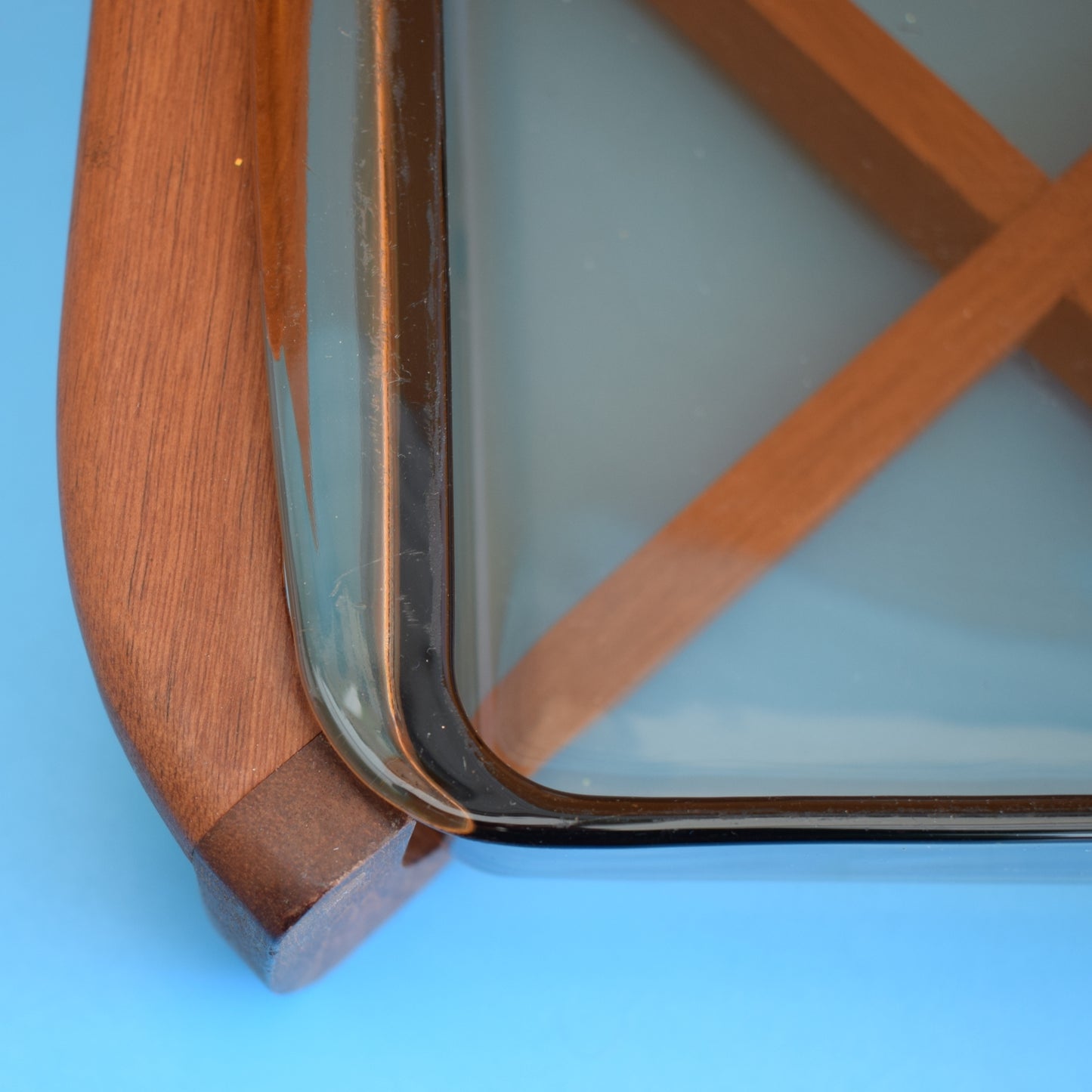 Vintage 1980s Pyrex Smoked Serving Dish & Teak Stand