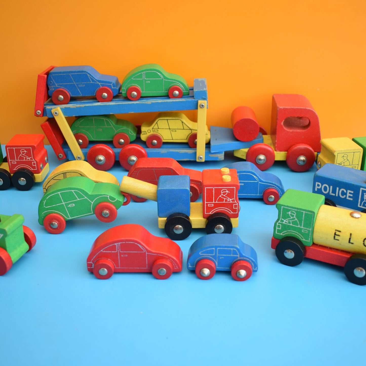 Vintage 1980s Wooden Vehicles Bright Colours