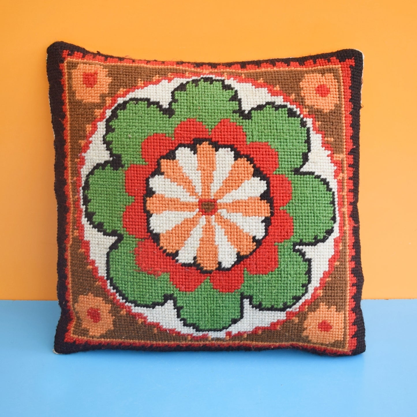 Vintage 1960s Tapestry Cushion - Flower Green & Orange