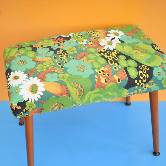 Vintage 1960s Rectangular Stool - Green Flower Canvas