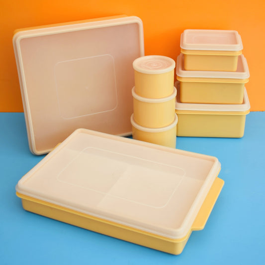 Vintage 1970s Plastic Tupperware Style Containers - Yellow - Crownware