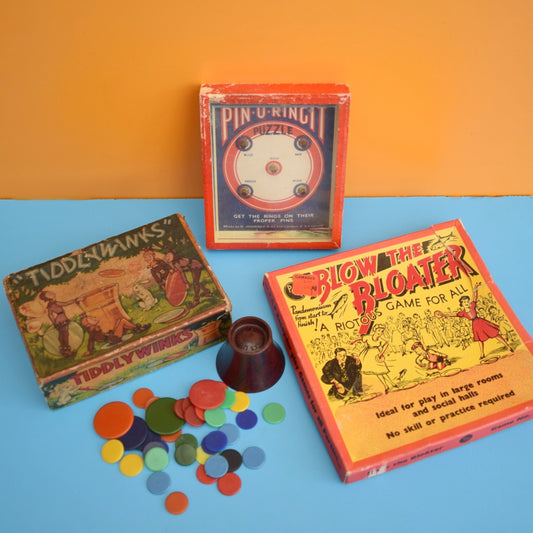 Vintage 1940s Mini Games - Pin U Right , Tiddlywinks , Blow The Bloater