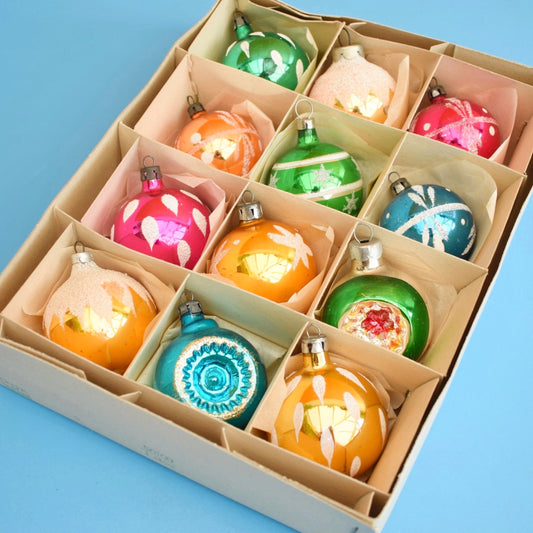 Vintage 1960s Glass Christmas Baubles- Boxed Medium- Pink/ Gold /Green/ Blue