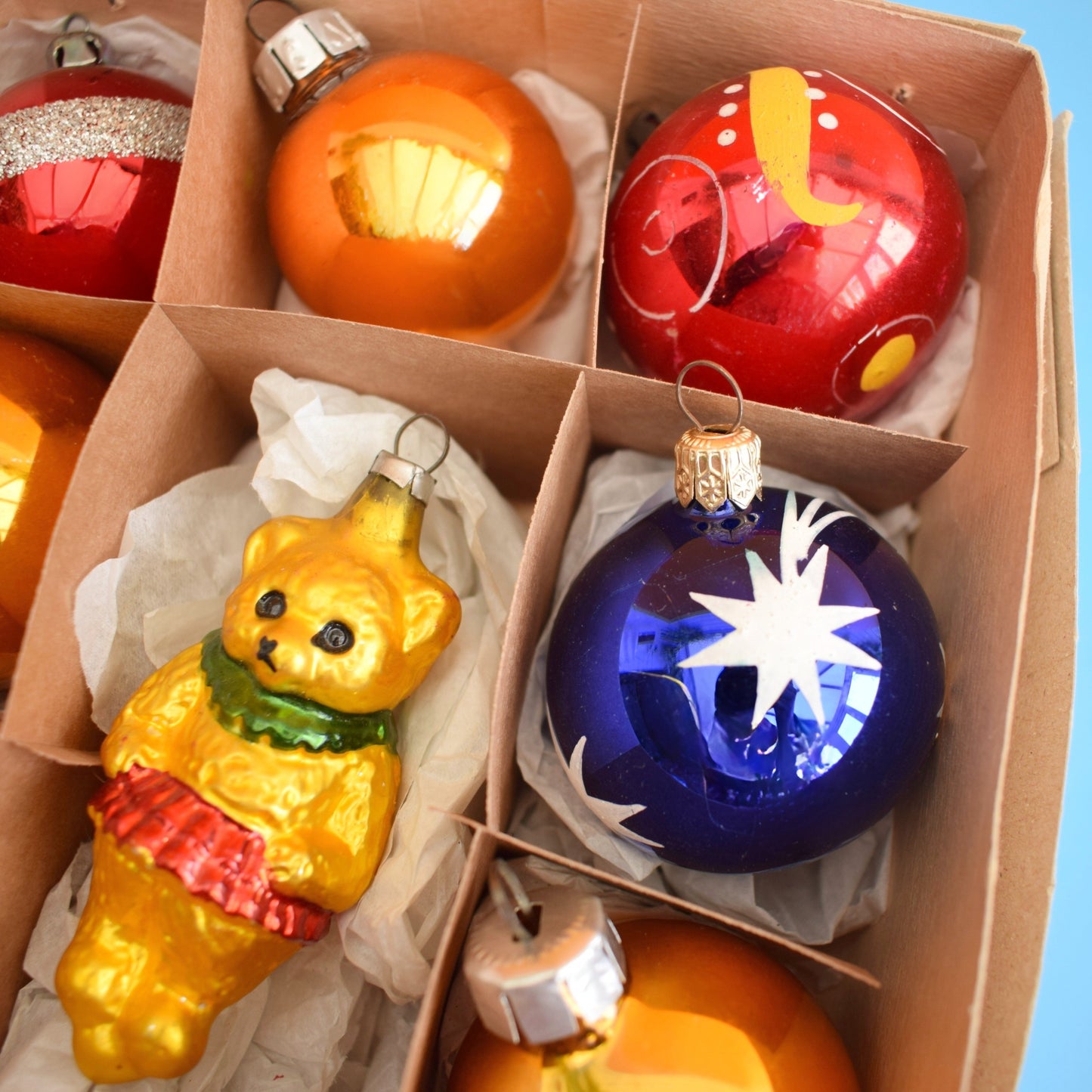 Vintage 1960s Glass Christmas Baubles- Boxed Medium & Bear