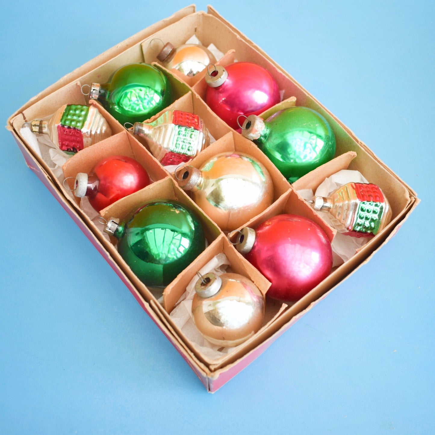 Vintage 1960s Glass Christmas Baubles- Boxed Medium- Pink/ Green/ Silver