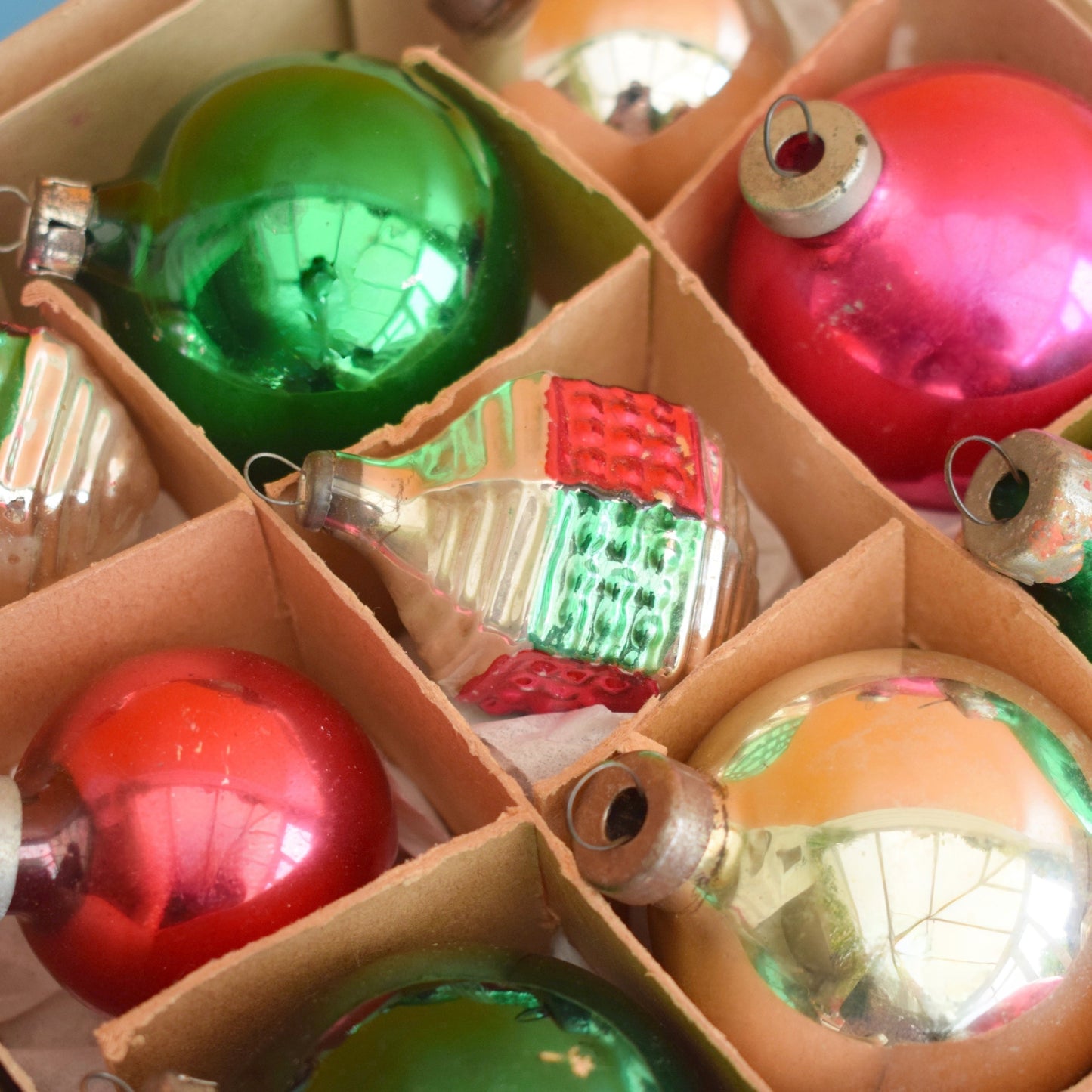 Vintage 1960s Glass Christmas Baubles- Boxed Medium- Pink/ Green/ Silver