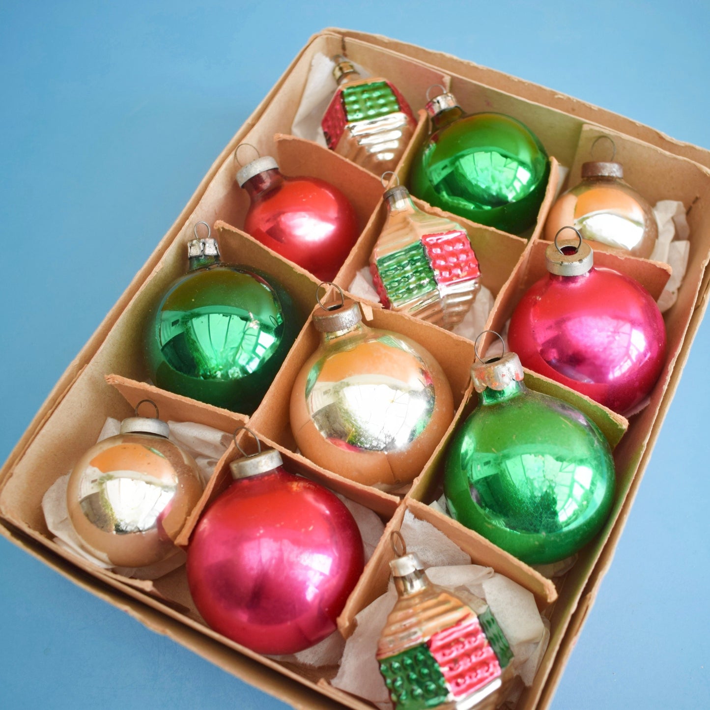 Vintage 1960s Glass Christmas Baubles- Boxed Medium- Pink/ Green/ Silver