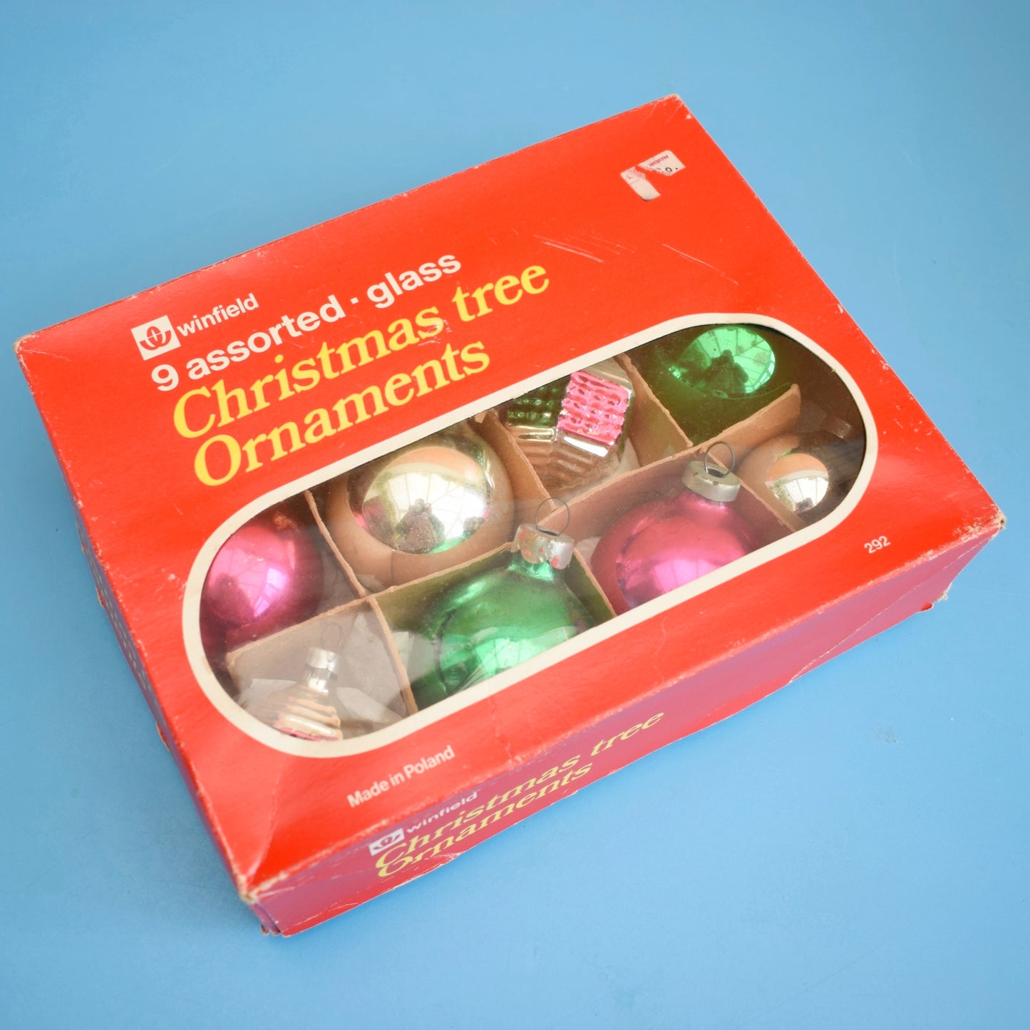 Vintage 1960s Glass Christmas Baubles- Boxed Medium- Pink/ Green/ Silver