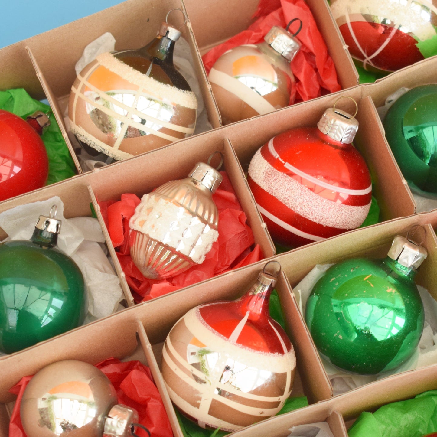 Vintage 1970s Mixed Glass Christmas Baubles- Boxed x24