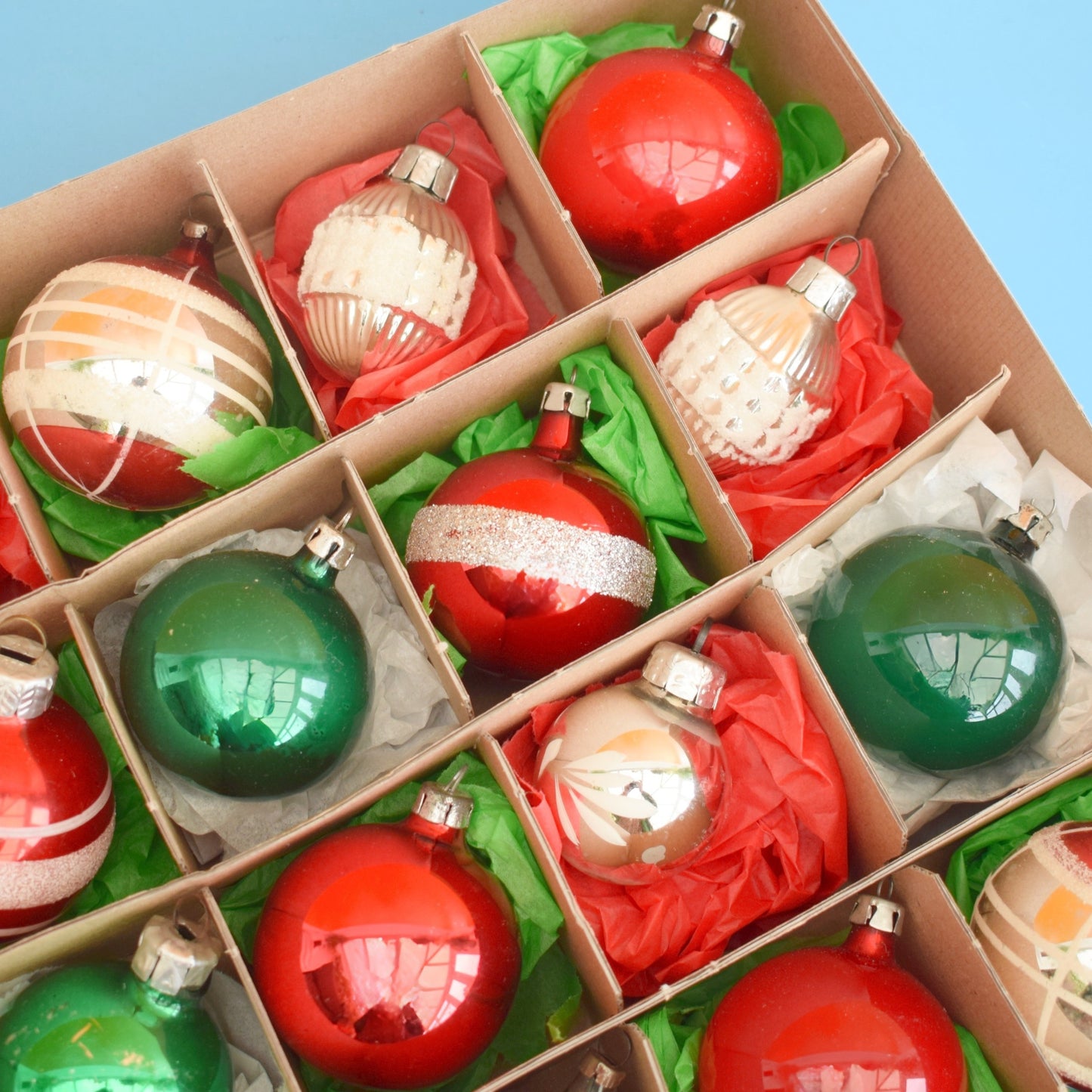 Vintage 1970s Mixed Glass Christmas Baubles- Boxed x24