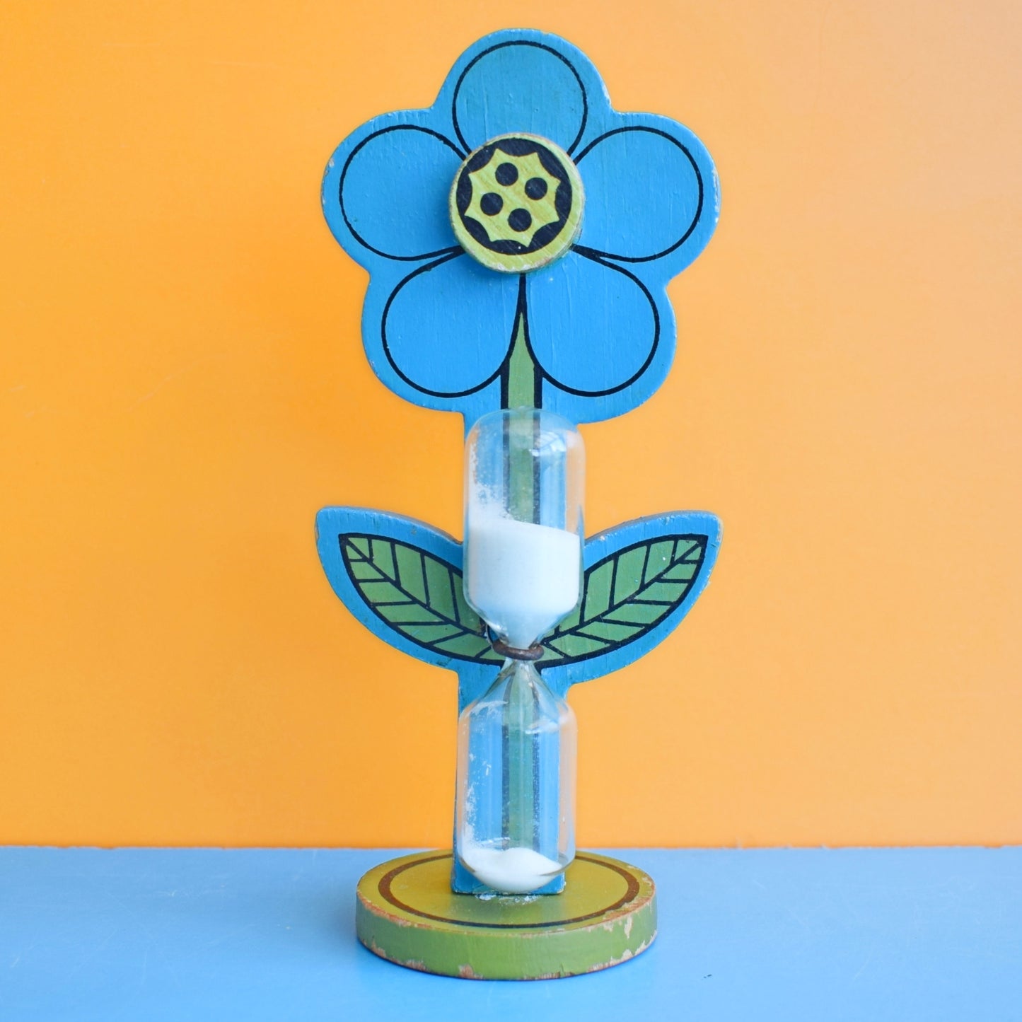 Vintage 1970s Egg Timer - Wooden Flower- Blue