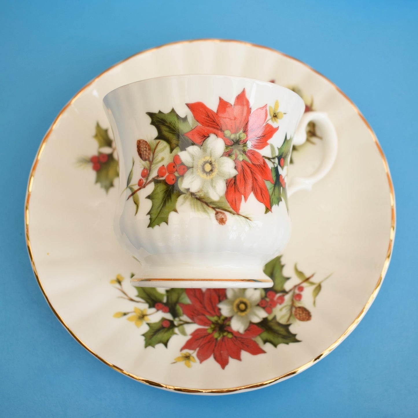 Vintage 1970s Royal Stafford Bone China Cups & Saucers - Christmas / December