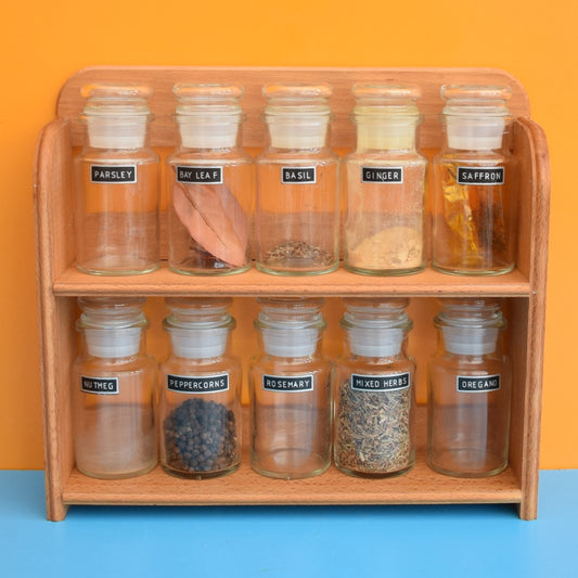 Vintage 1970s Wooden Spice Rack With Glass Jars (And Some Contents)