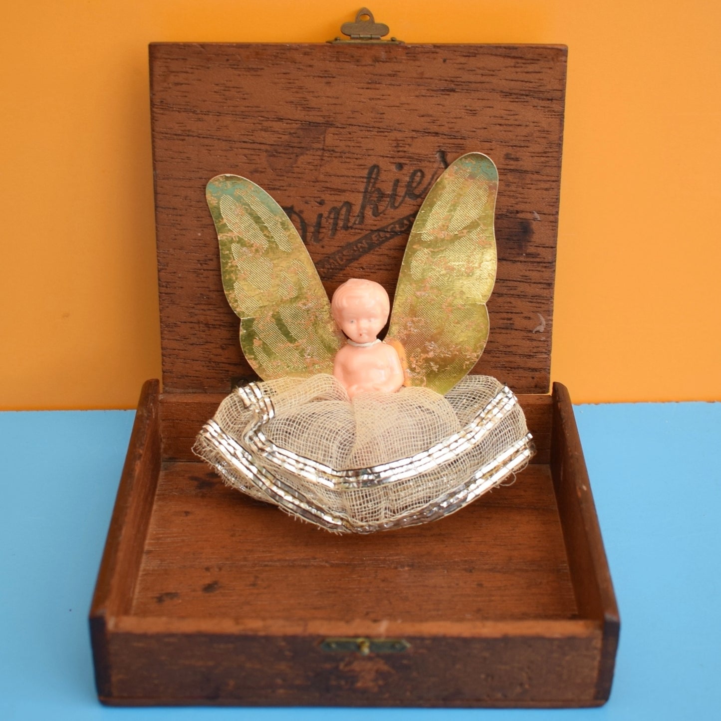 Vintage 1950s Christmas Fairy / Angel Tree Topper In Wooden Box