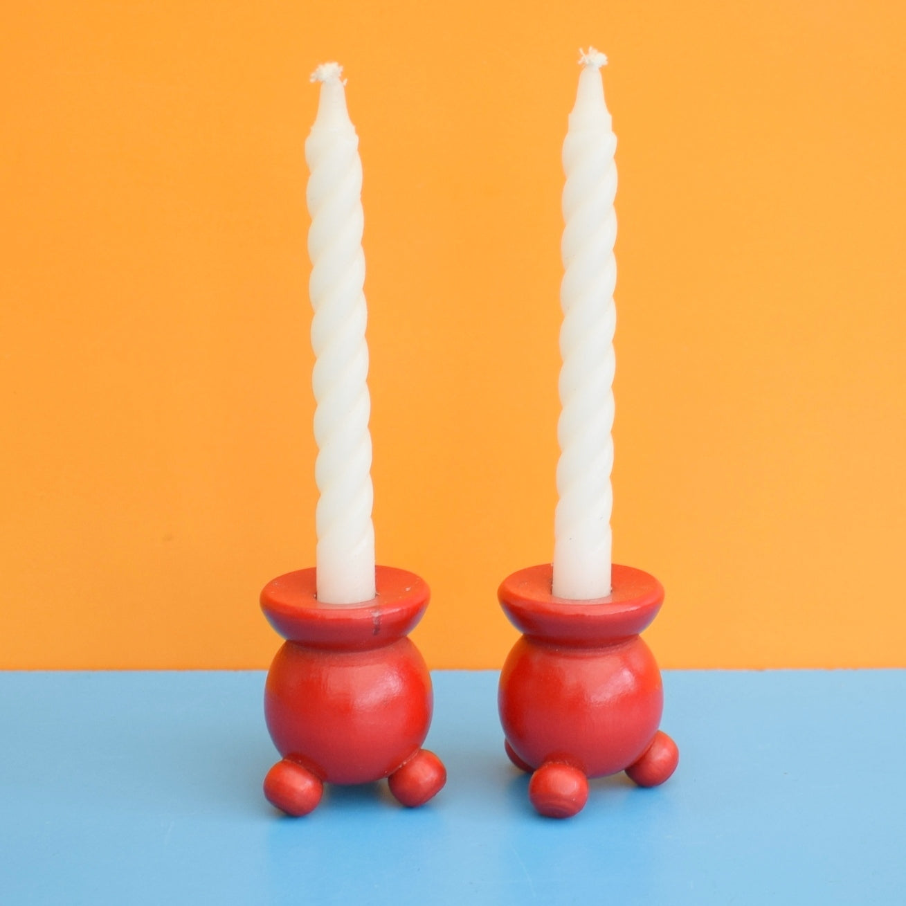 Vintage 1960s Swedish Wooden Candle Holders - Red Pair