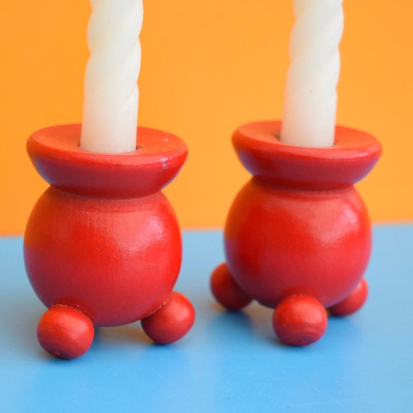 Vintage 1960s Swedish Wooden Candle Holders - Red Pair