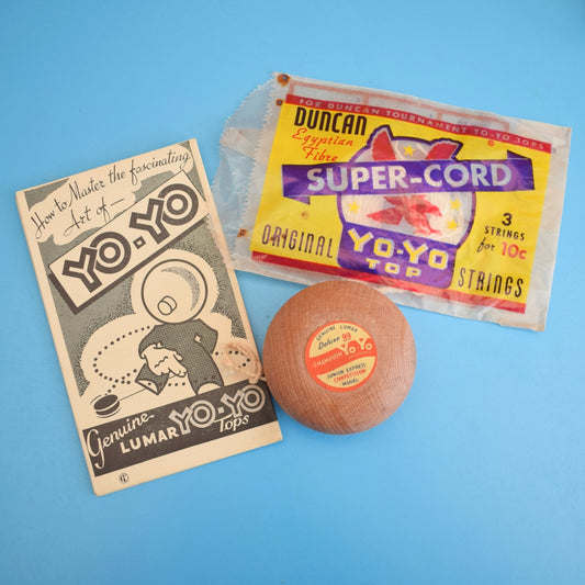 Vintage 1950s Amazing Wooden Yo-Yo, Trick Book & Strings