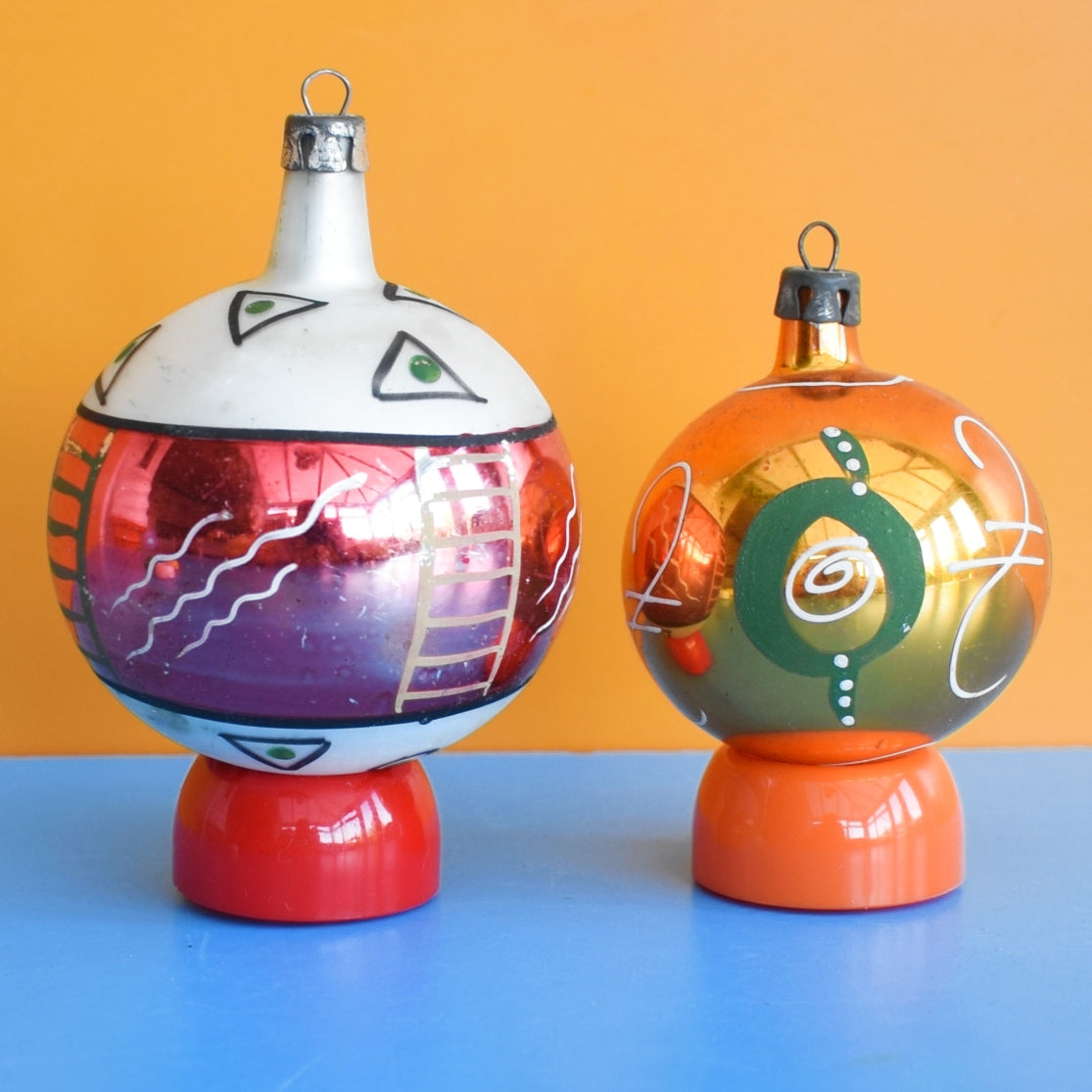 Vintage 1950s Glass Christmas Baubles - Hand Painted Abstract