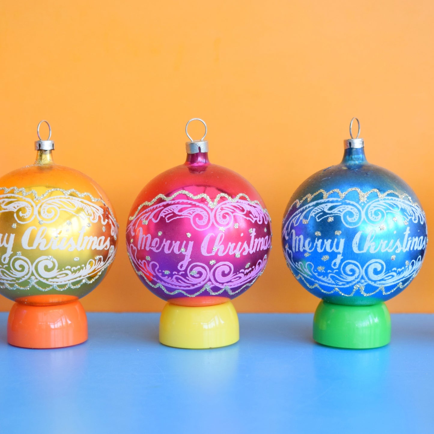 Vintage 1970s Glass Christmas Baubles - Merry Christmas