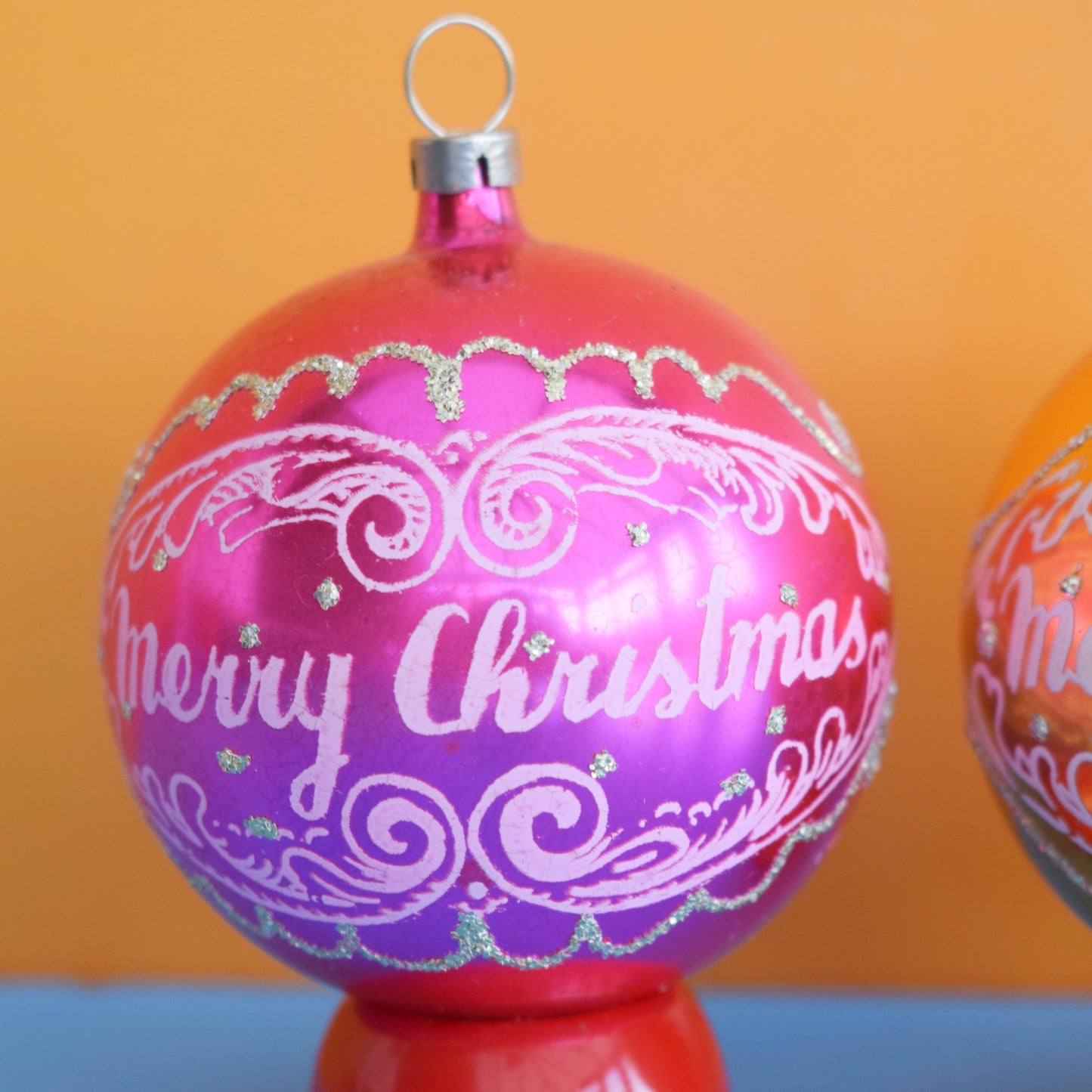 Vintage 1970s Glass Christmas Baubles - Merry Christmas