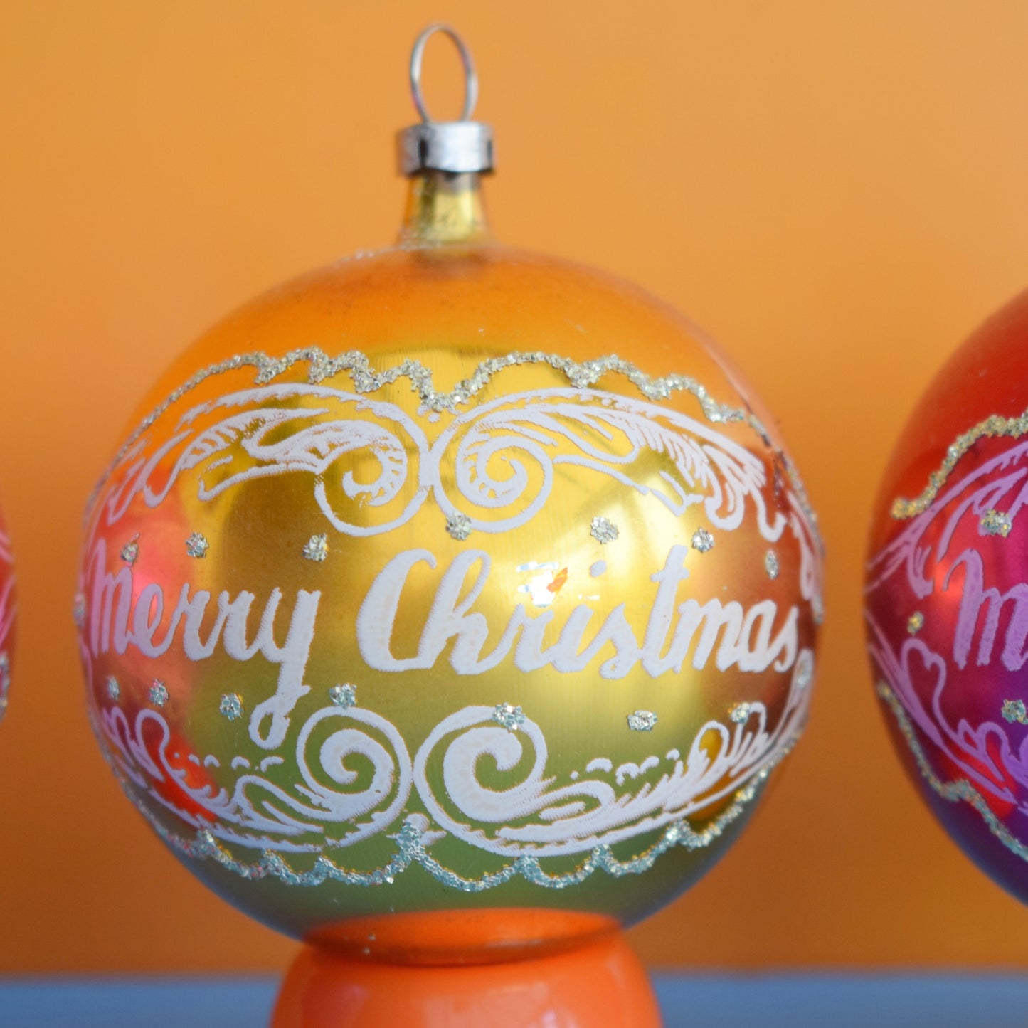 Vintage 1970s Glass Christmas Baubles - Merry Christmas