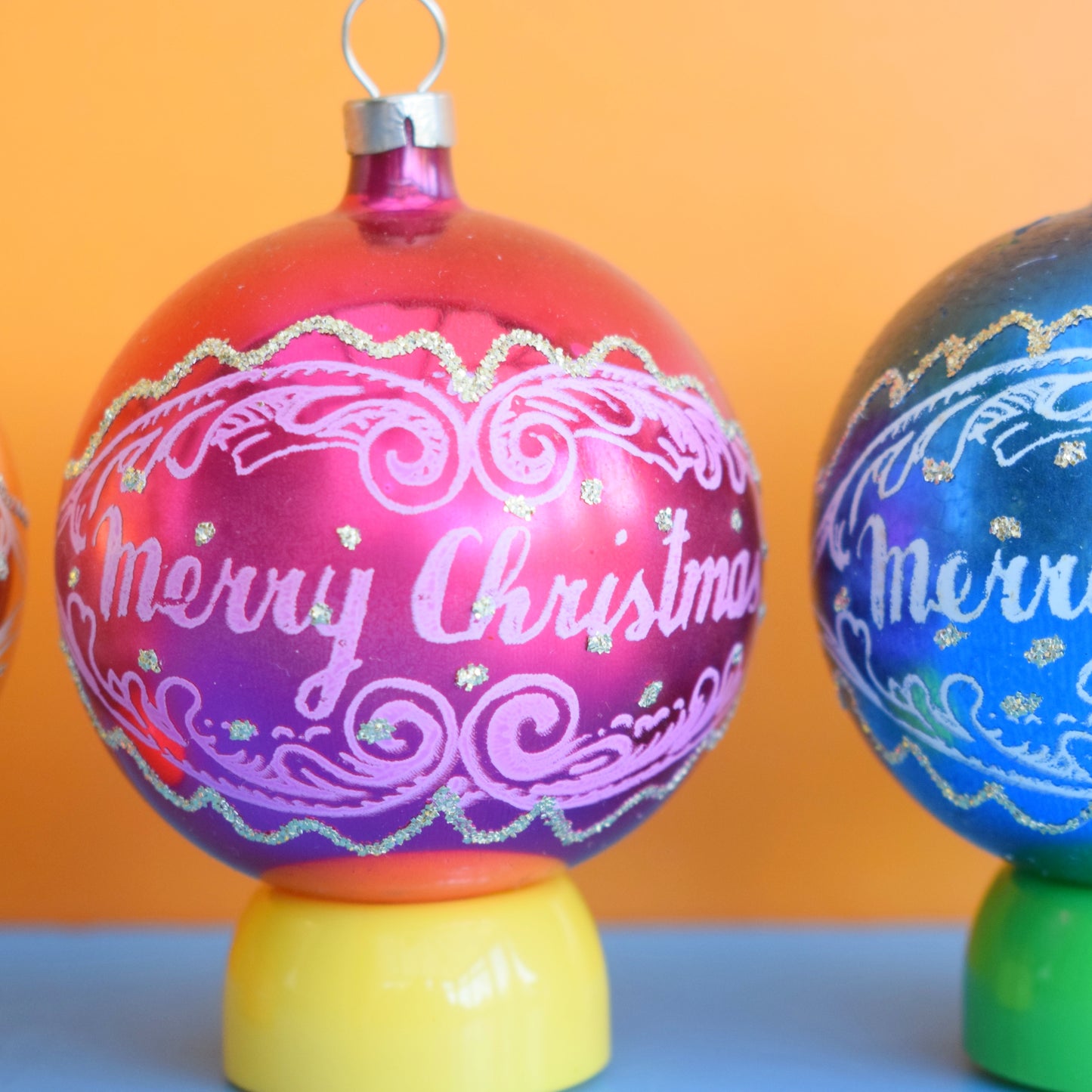 Vintage 1970s Glass Christmas Baubles - Merry Christmas