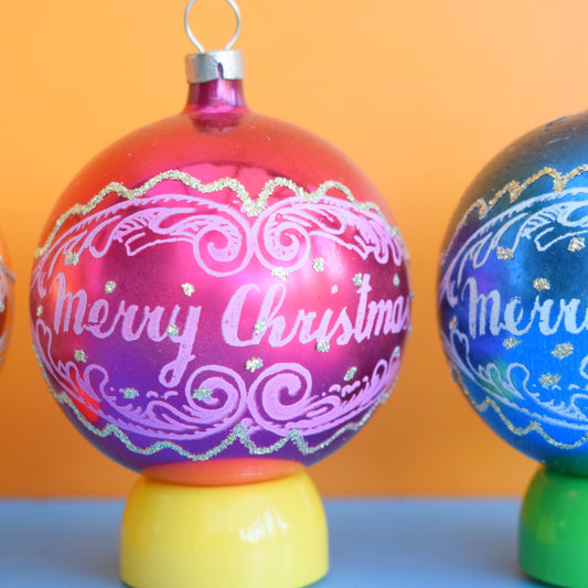 Vintage 1970s Glass Christmas Baubles - Merry Christmas