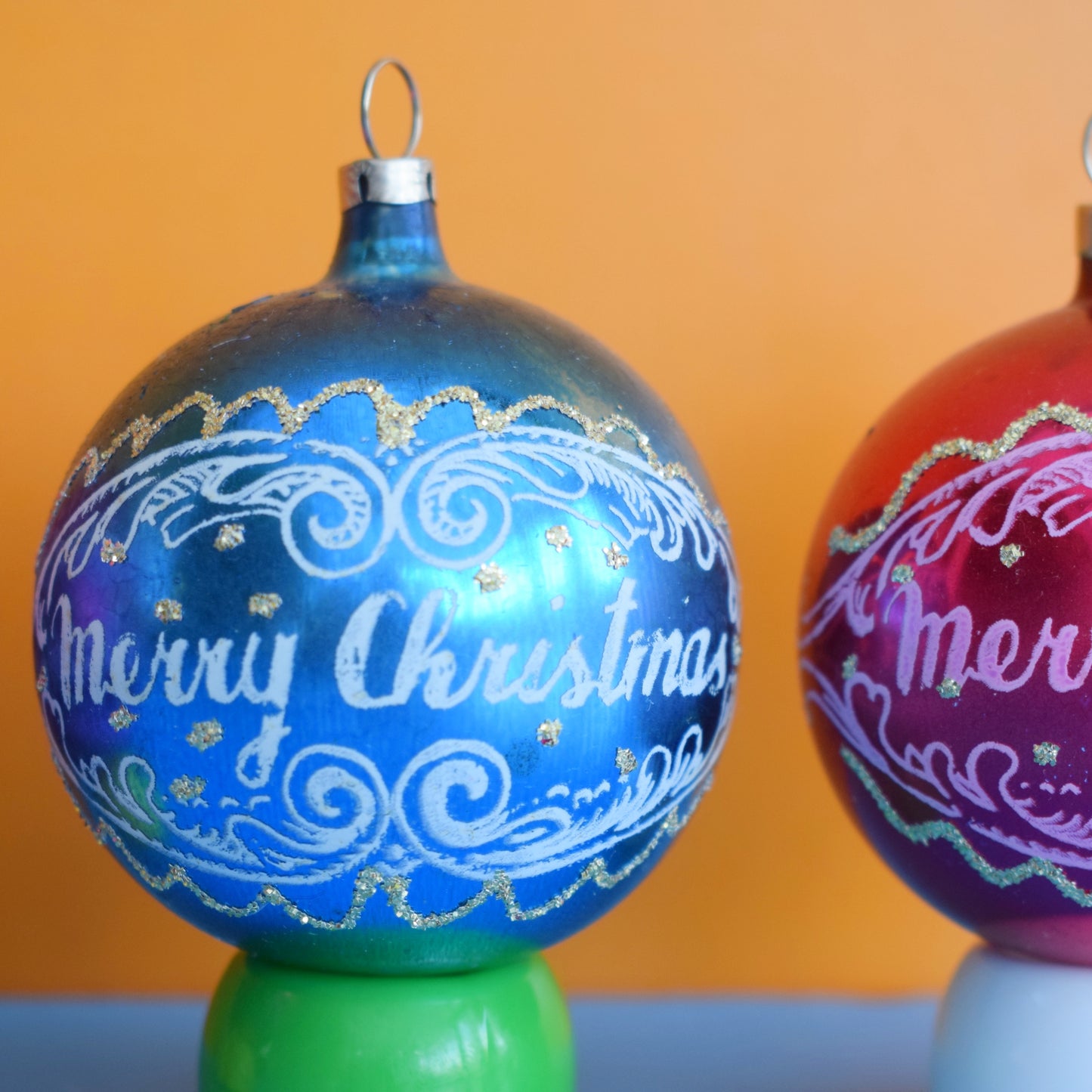 Vintage 1970s Glass Christmas Baubles - Merry Christmas