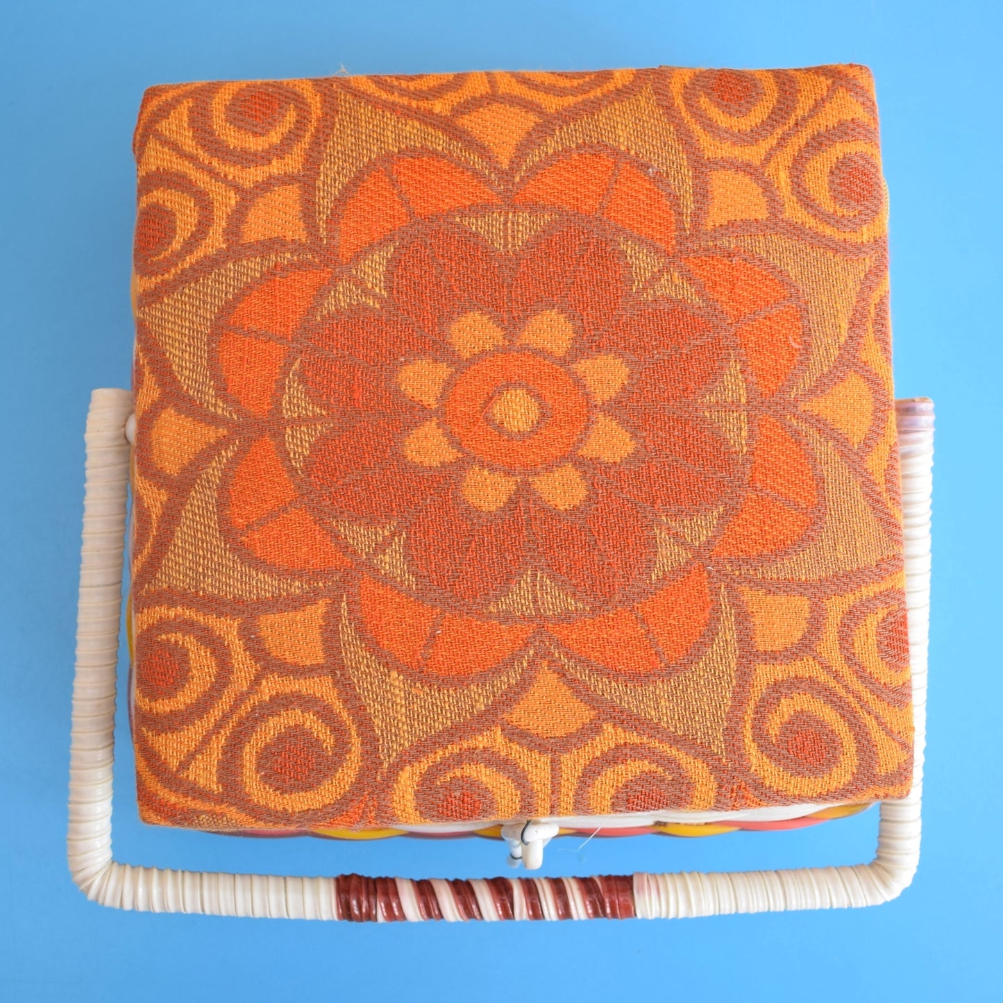 Vintage 1970s Square Sewing / Hobby Box - Orange & Brown