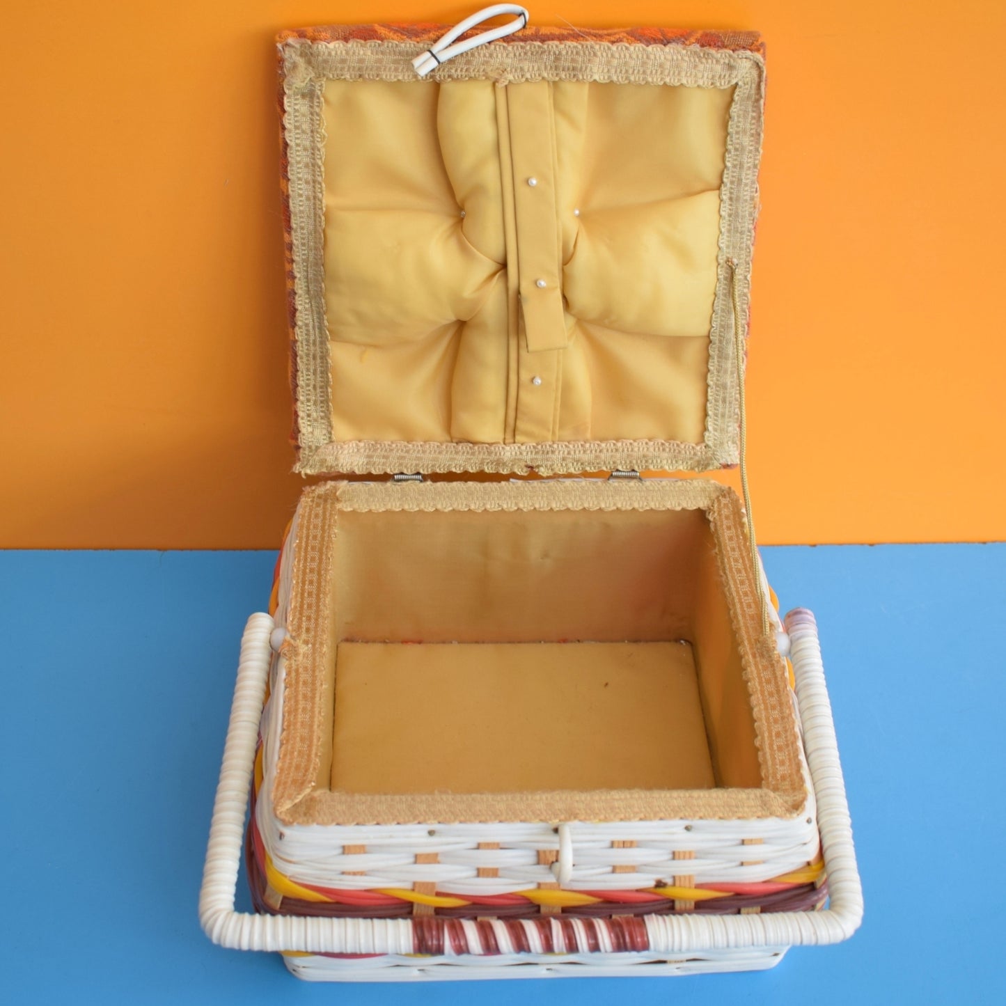 Vintage 1970s Square Sewing / Hobby Box - Orange & Brown