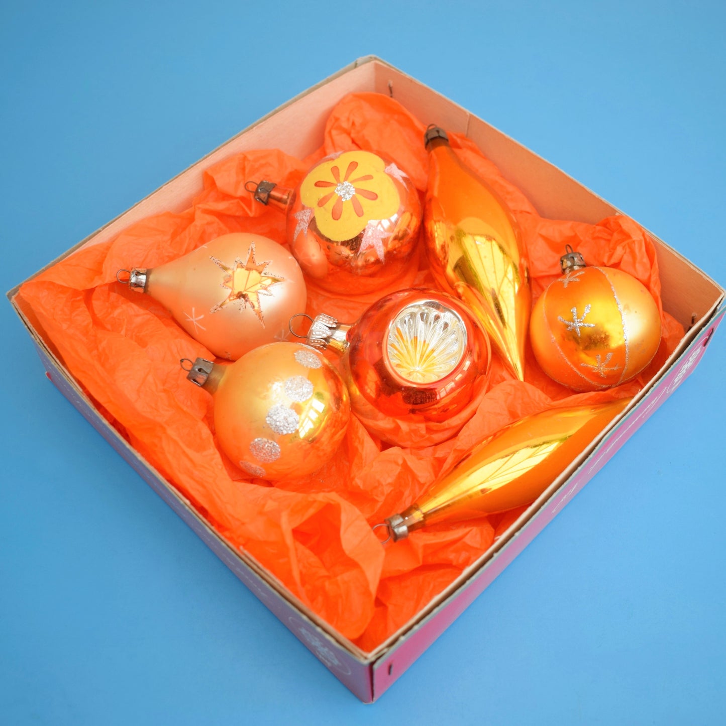 Vintage 1970s Glass Christmas Baubles - Orange / Gold