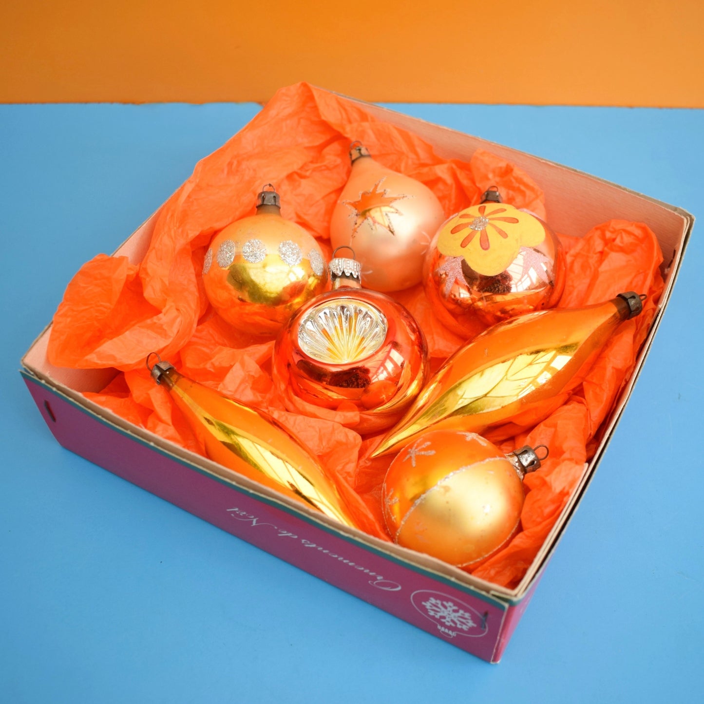 Vintage 1970s Glass Christmas Baubles - Orange / Gold