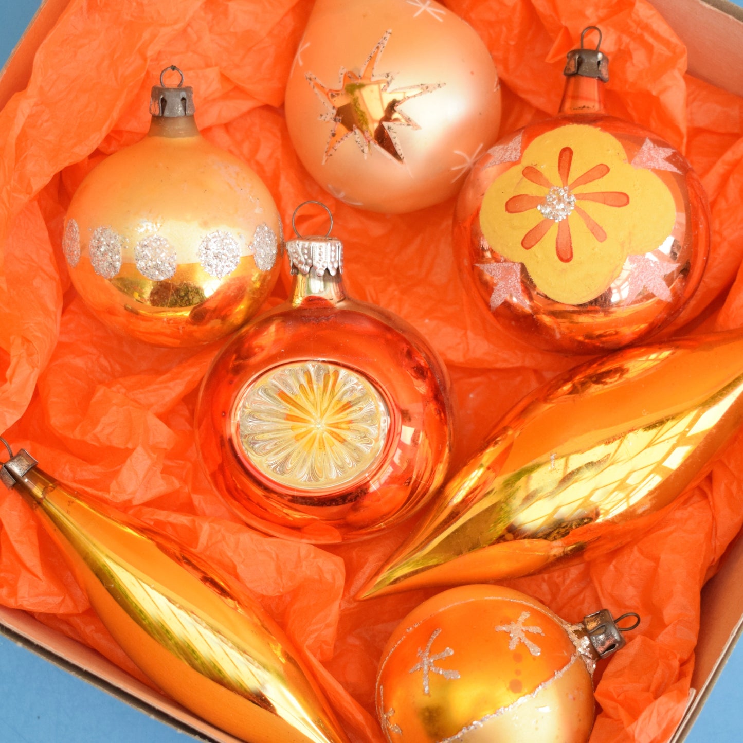 Vintage 1970s Glass Christmas Baubles - Orange / Gold