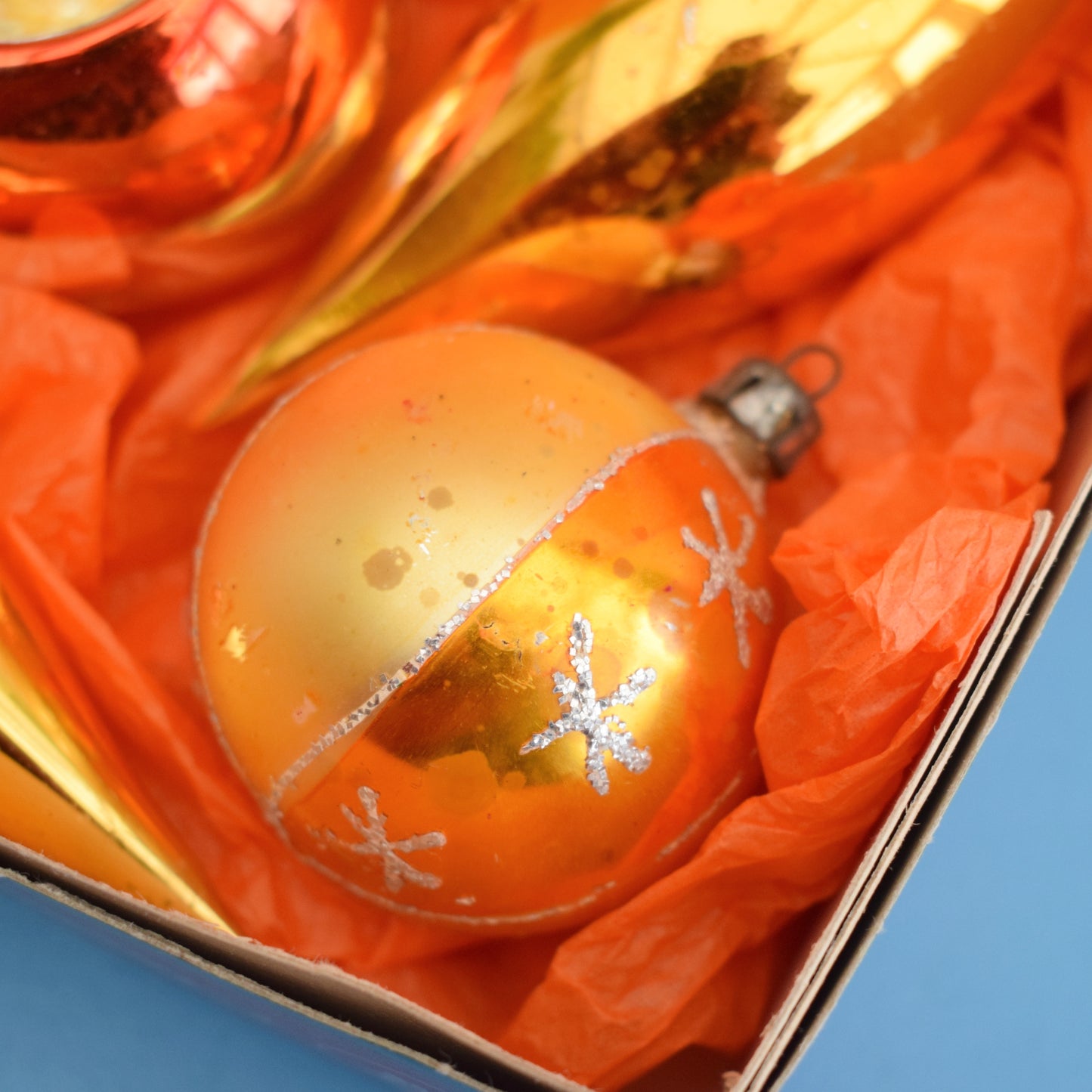 Vintage 1970s Glass Christmas Baubles - Orange / Gold