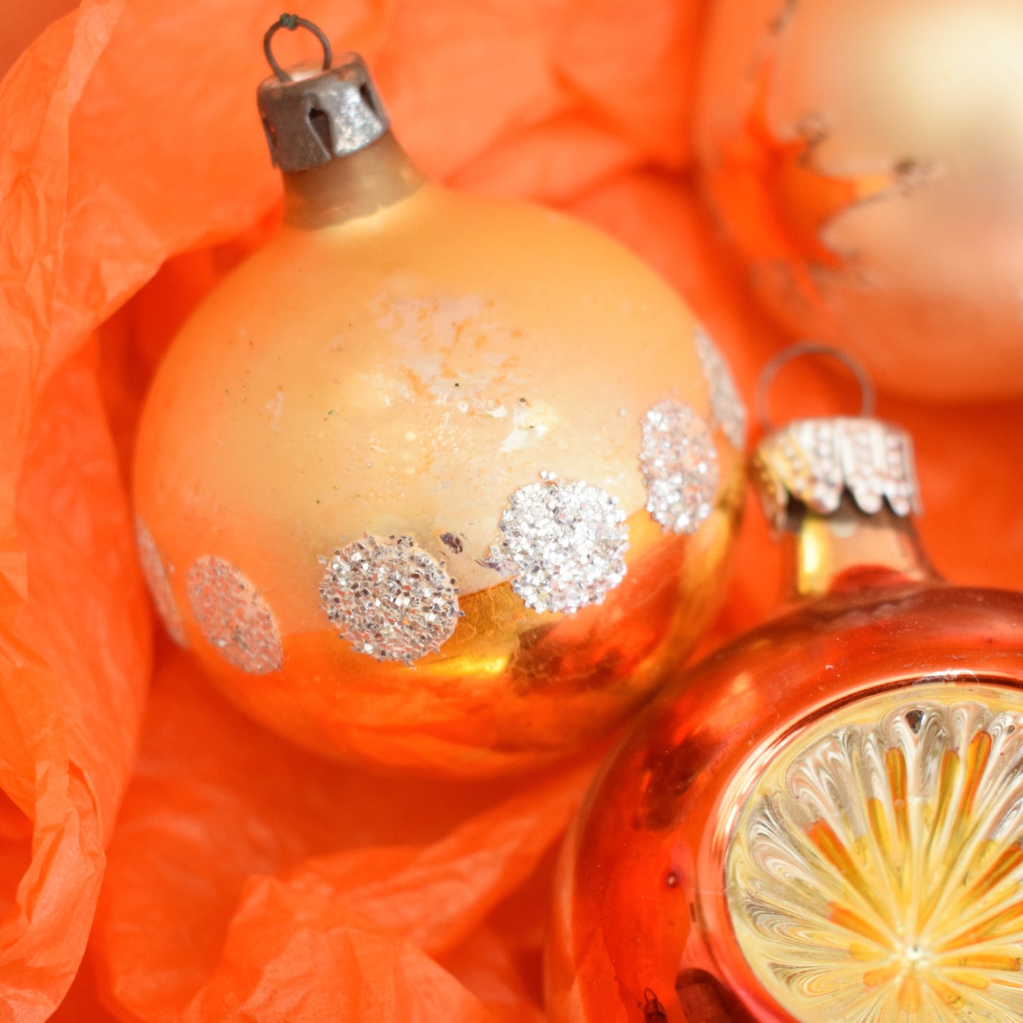 Vintage 1970s Glass Christmas Baubles - Orange / Gold