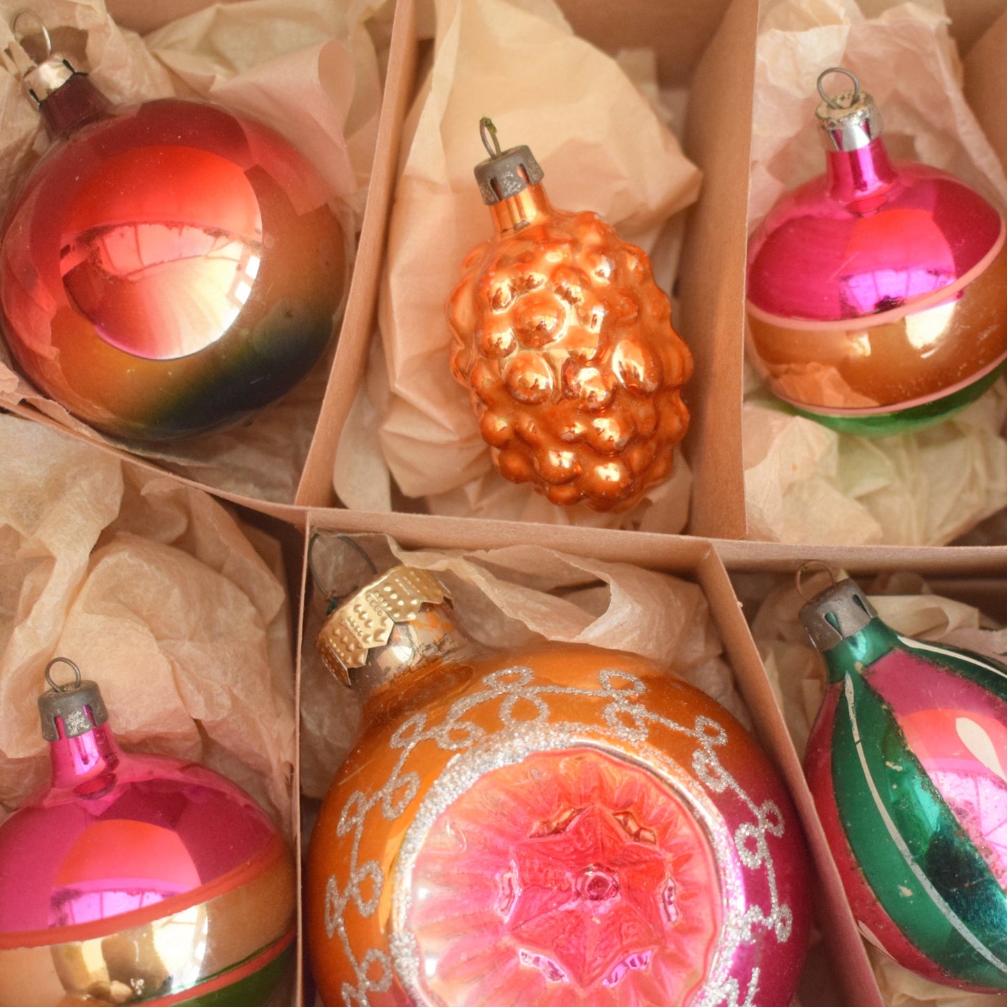 Vintage 1970s Glass Christmas Baubles - Pink/ Green/ Gold