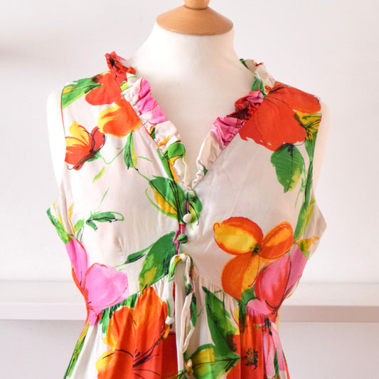 Vintage 1960s Cotton Midi Dress - Pink & Orange - Flower Power sz 12 ish