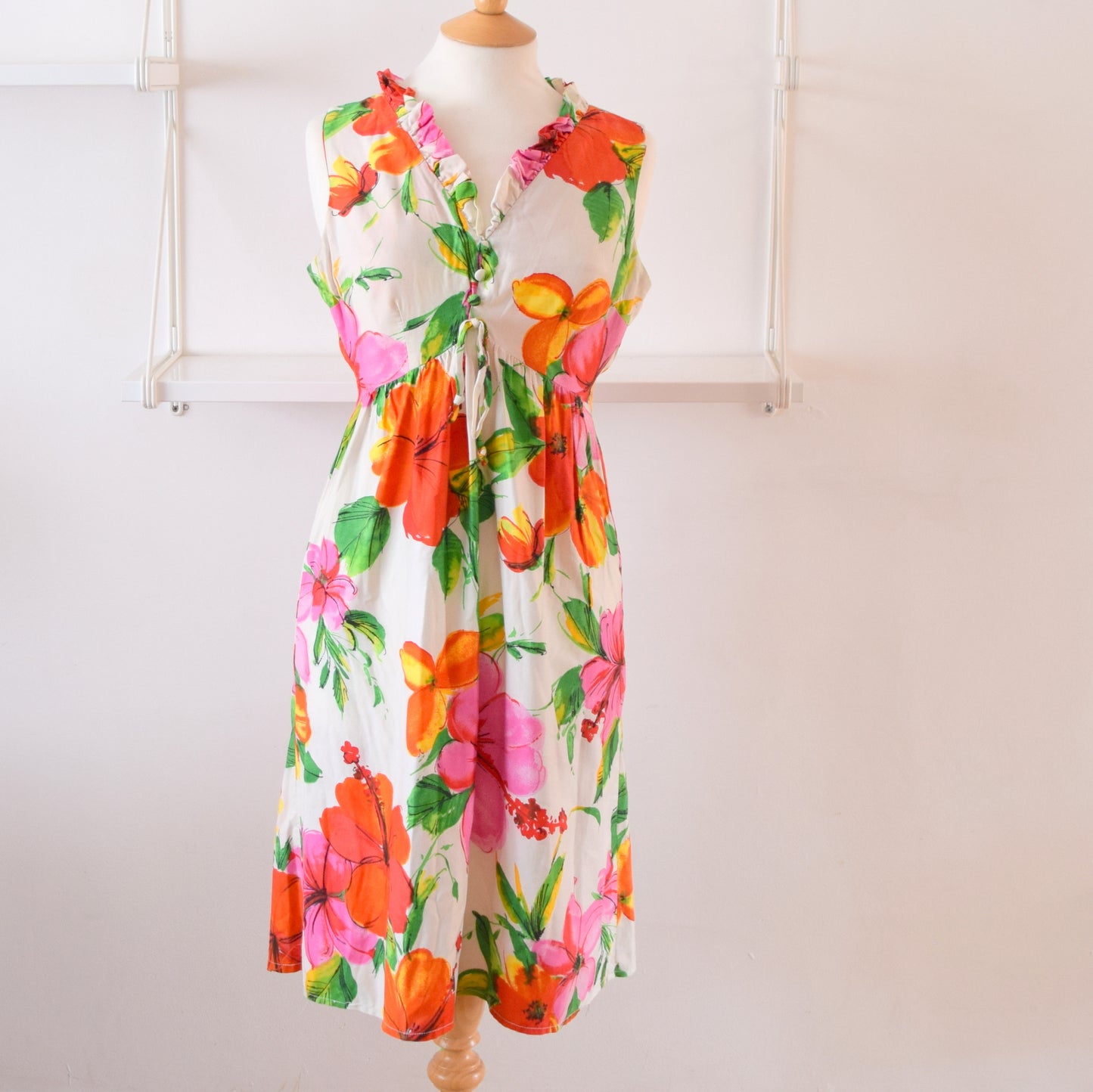 Vintage 1960s Cotton Midi Dress - Pink & Orange - Flower Power sz 12 ish