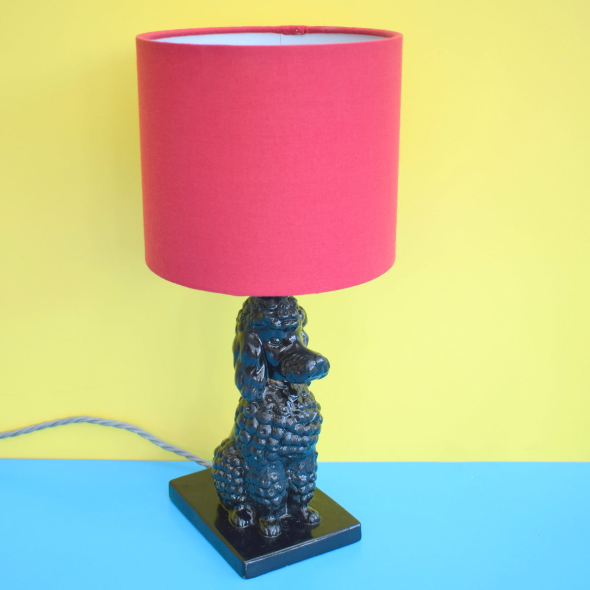 Vintage 1950s Ceramic Poodle Lamp & Shade - Black & Red